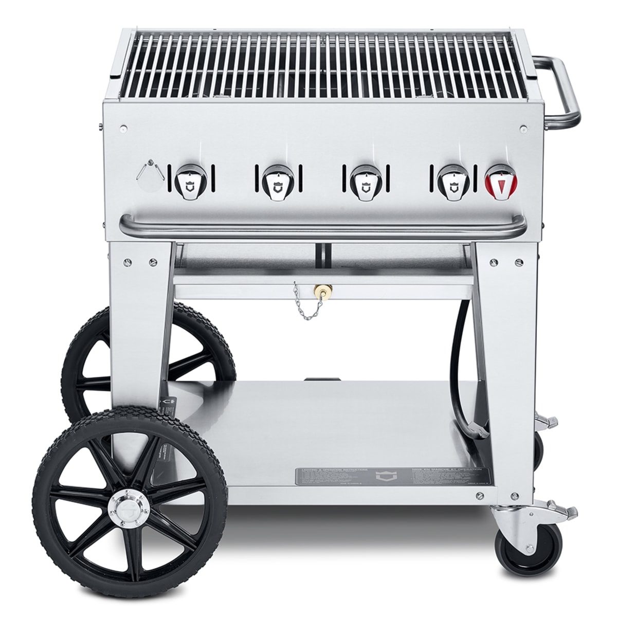 Crown Verity CV-MCB-30NG stainless steel mobile outdoor charbroiler with wheels and undershelf