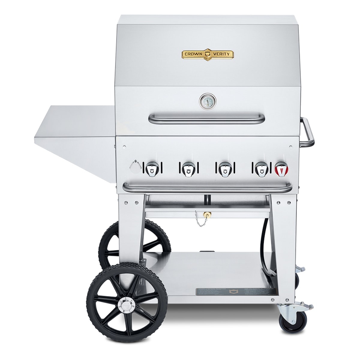 Crown Verity CV-MCB-30PKG stainless steel mobile propane grill with roll dome and wheels