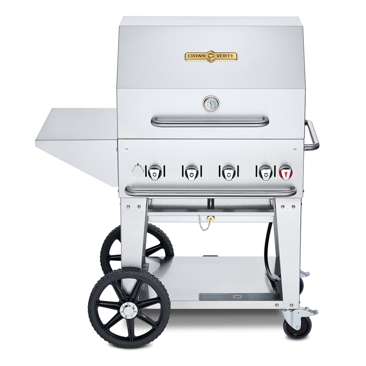 Crown Verity CV-MCB-30PKG-NG mobile natural gas grill with roll dome lid, side shelf, and wheeled cart