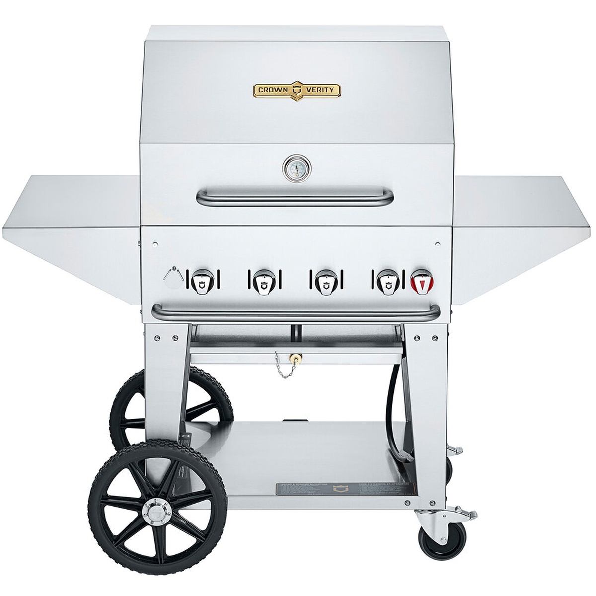 Crown Verity 30 inch mobile propane grill pro package in stainless steel with roll dome and side shelves