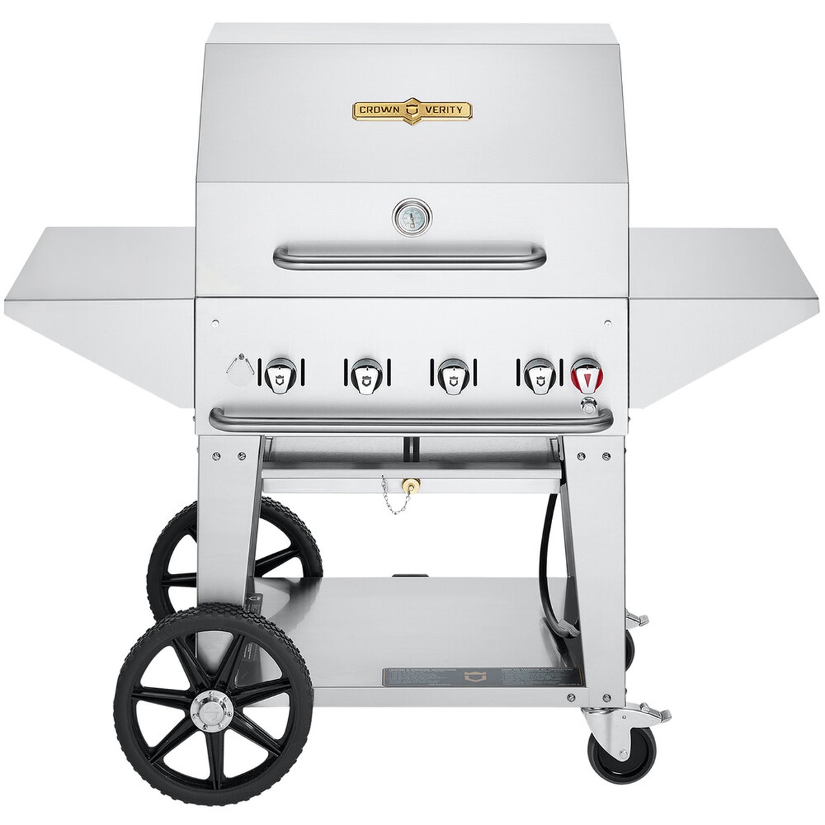 Crown Verity CV-MCB-30PRO-NG stainless steel mobile grill with roll dome lid and side shelves