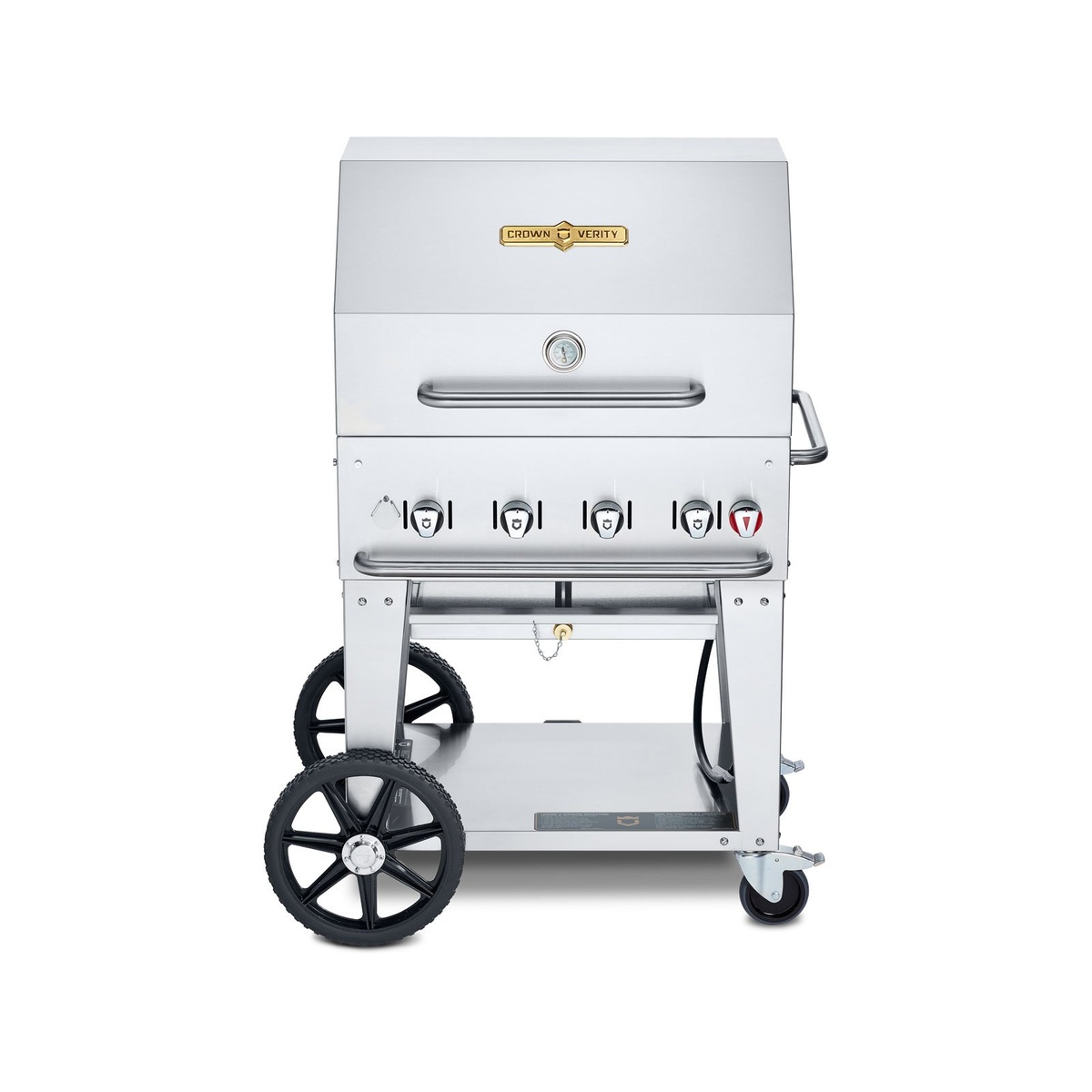 Crown Verity CV-MCB-30RDP stainless steel mobile gas grill with roll dome lid and wheeled cart