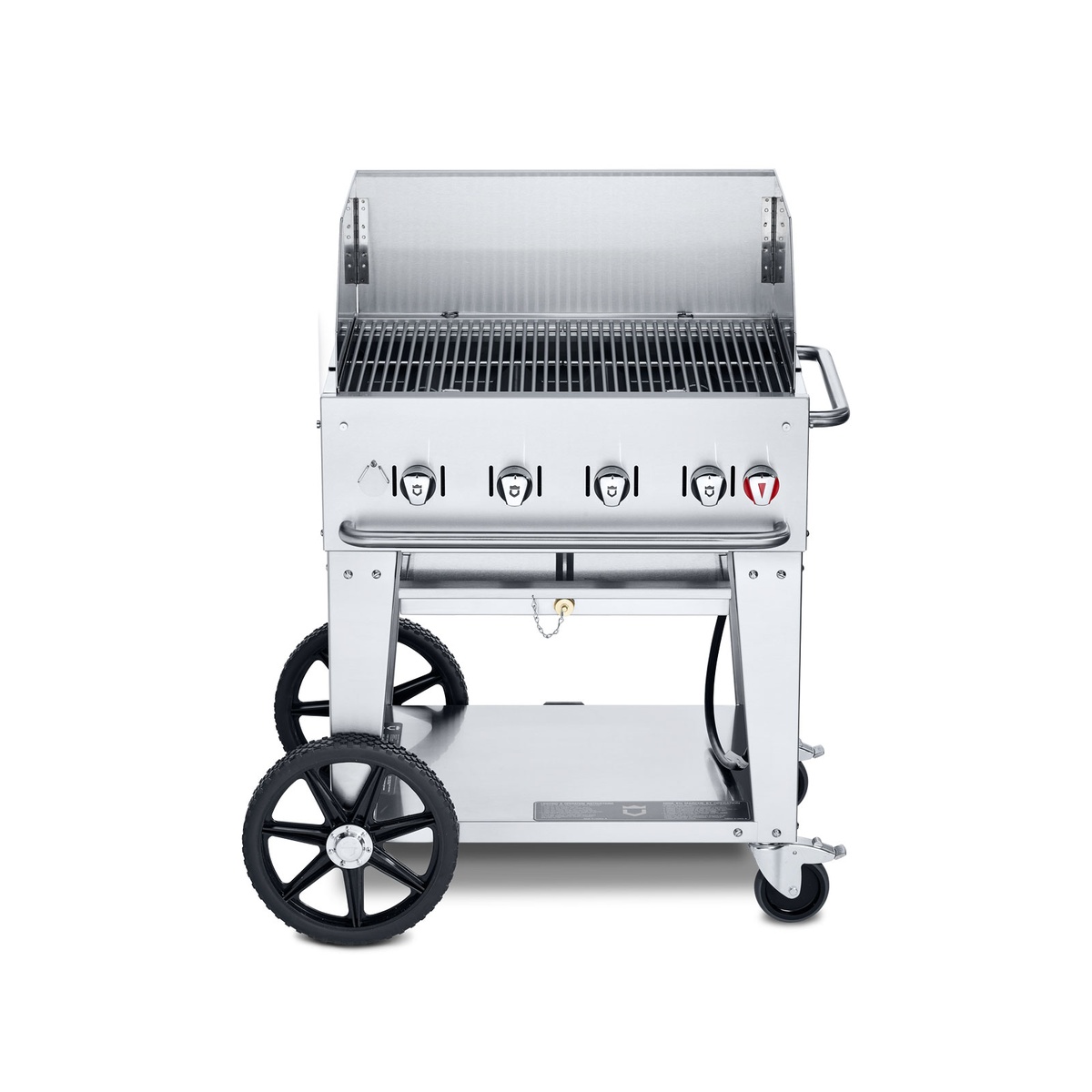 Crown Verity CV-MCB-30WGP mobile outdoor grill with wind guard and four control knobs
