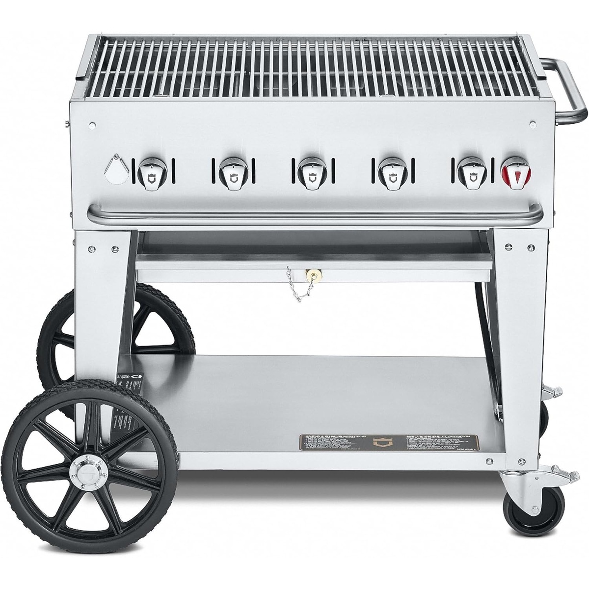 Crown Verity CV-MCB-36NG stainless steel mobile natural gas grill on wheeled cart