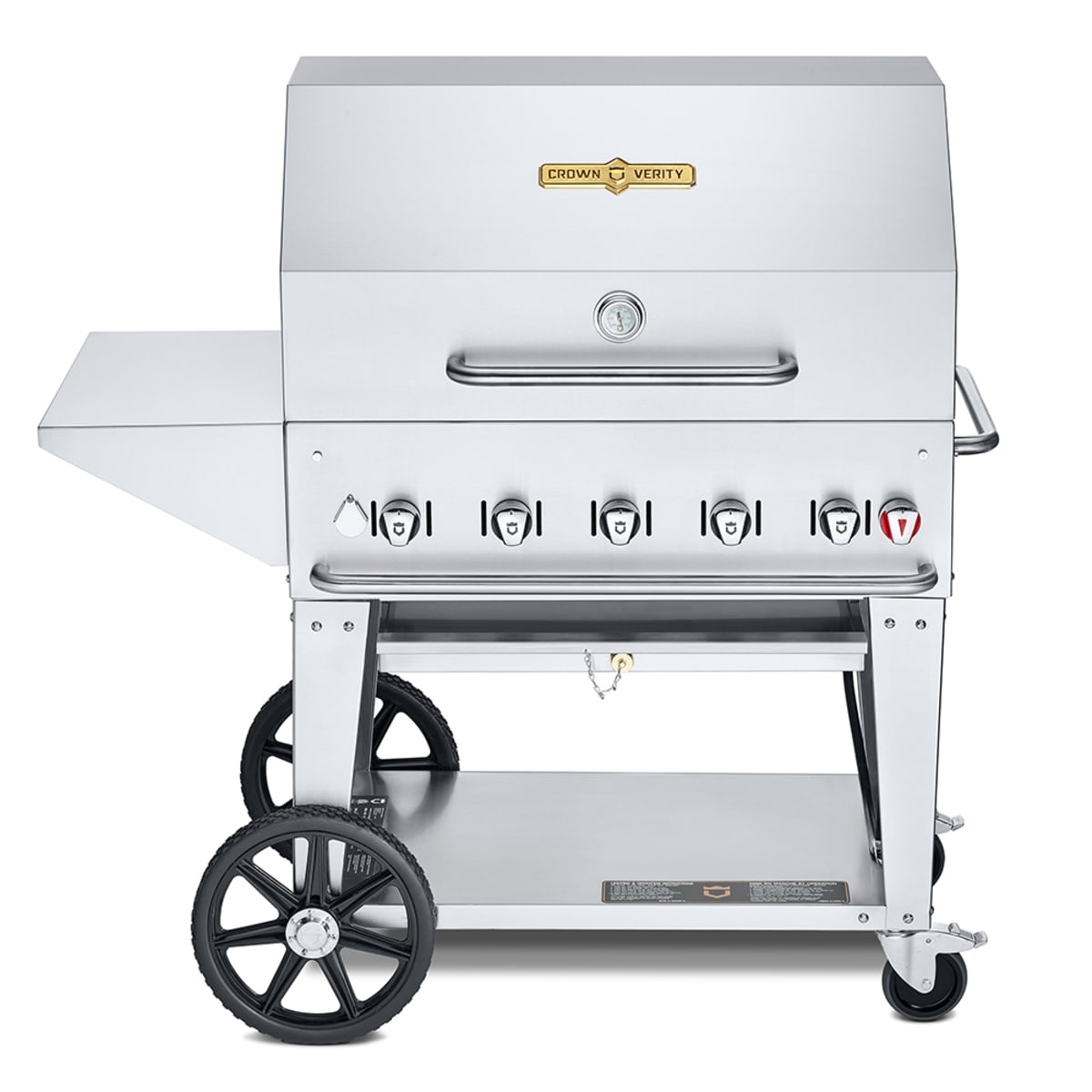 Crown Verity stainless steel mobile grill on cart with lid thermometer, five control knobs, side shelf, and wheels