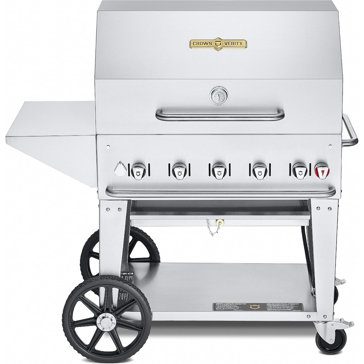 Crown Verity CV-MCB-36PKG-NG mobile natural gas grill with roll dome, side shelf, and wheeled cart