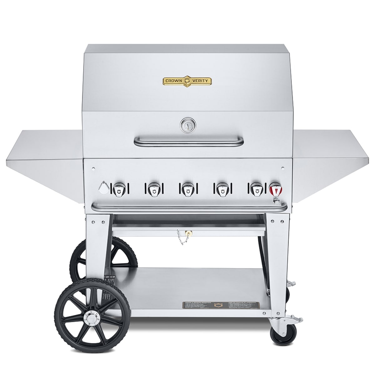 Crown Verity CV-MCB-36PRO mobile stainless steel charbroiler grill with roll dome hood, side shelves, and cart with wheels