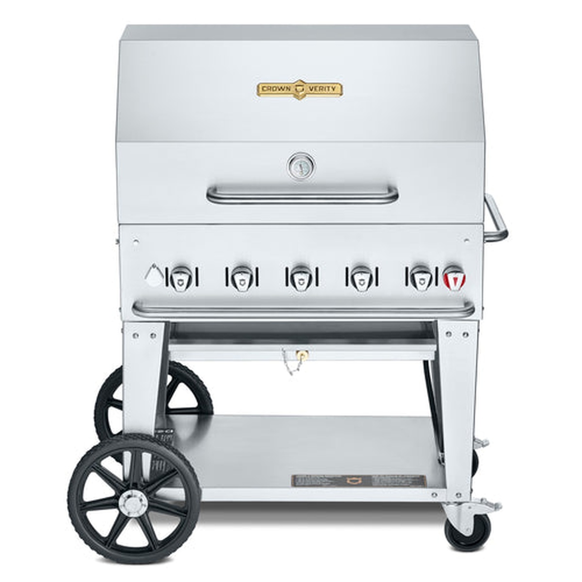 Crown Verity CV-MCB-36RDP-NG mobile outdoor charbroiler with roll dome lid, control knobs, wheels, and undershelf