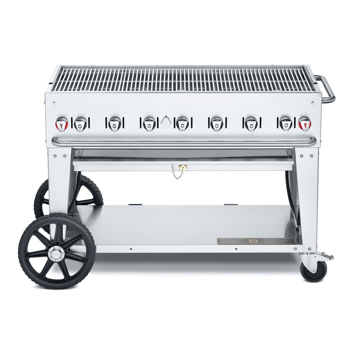 Crown Verity CV-MCB-48 mobile outdoor grill front view with stainless grates and wheeled cart