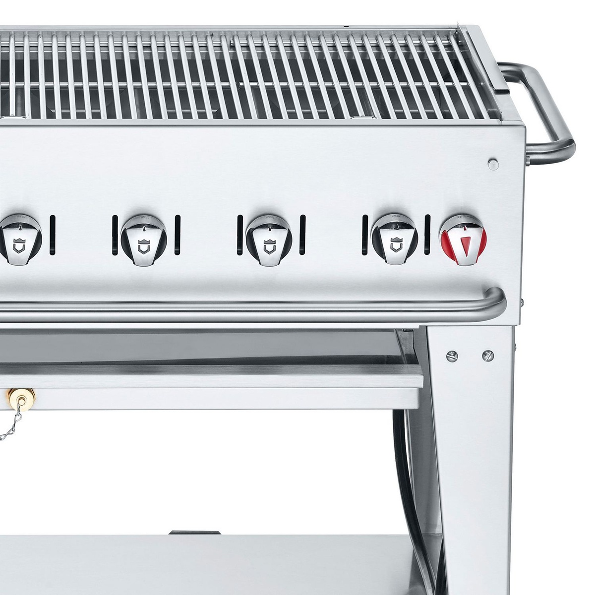 Detail view of Crown Verity grill control knobs and stainless side handle