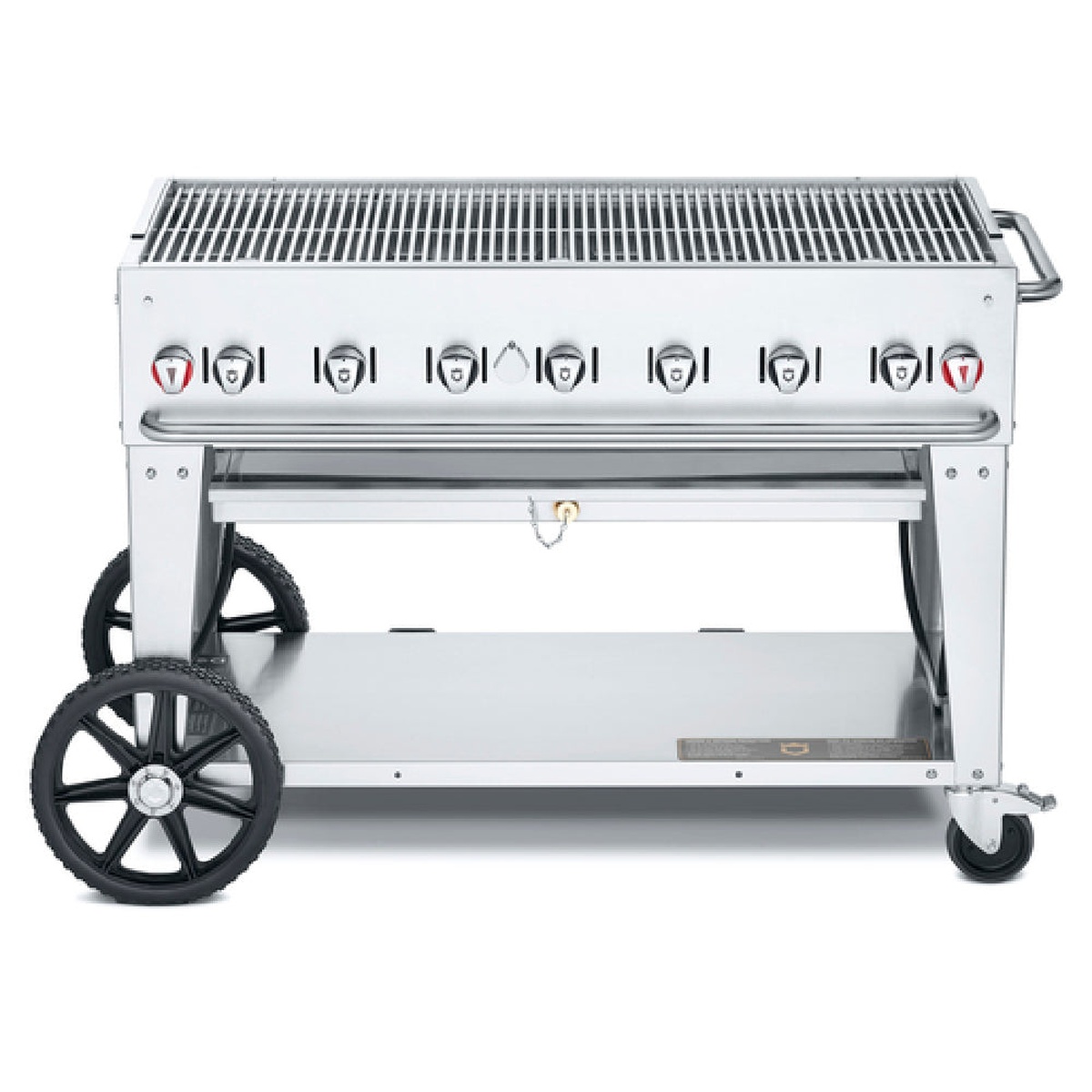 Crown Verity 48 inch mobile outdoor grill on cart with control knobs and wheels