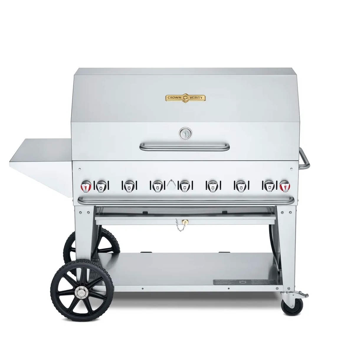 Crown Verity 48 inch mobile outdoor grill package with roll dome and side shelf