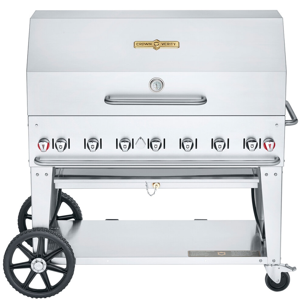 Crown Verity 48 inch mobile propane grill with roll dome on cart