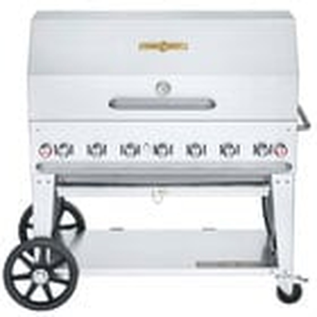 Crown Verity stainless steel mobile grill shown with roll dome closed