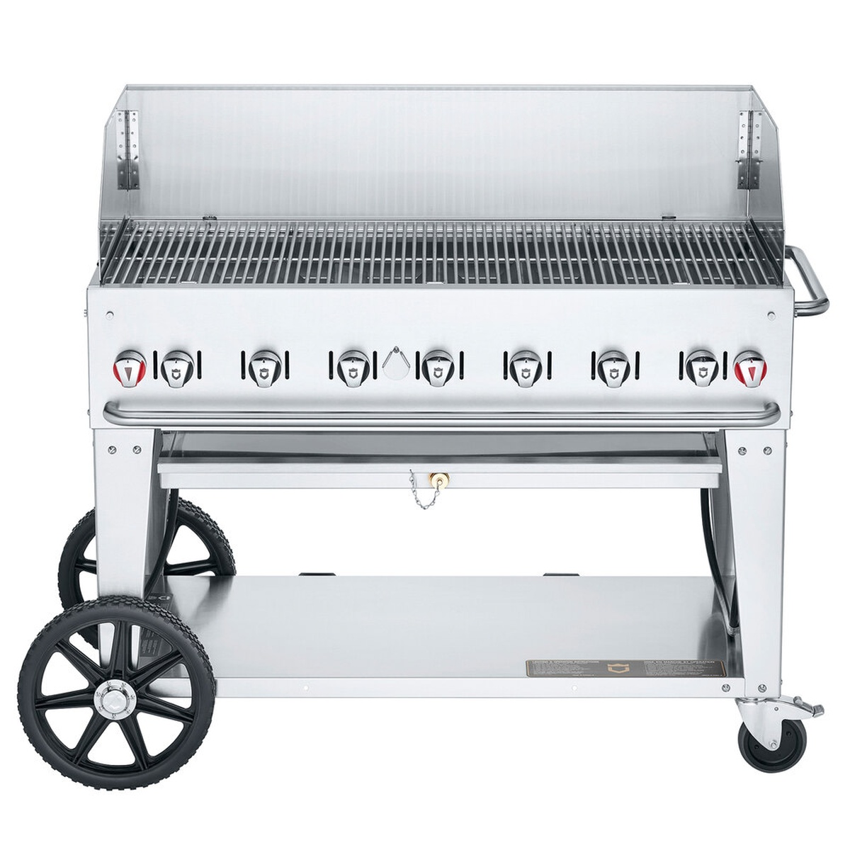 Crown Verity 48 inch mobile outdoor grill with wind guards and stainless cooking grates