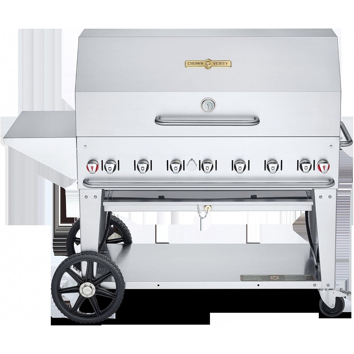Crown Verity stainless steel mobile outdoor charbroiler with undershelf and large wheels