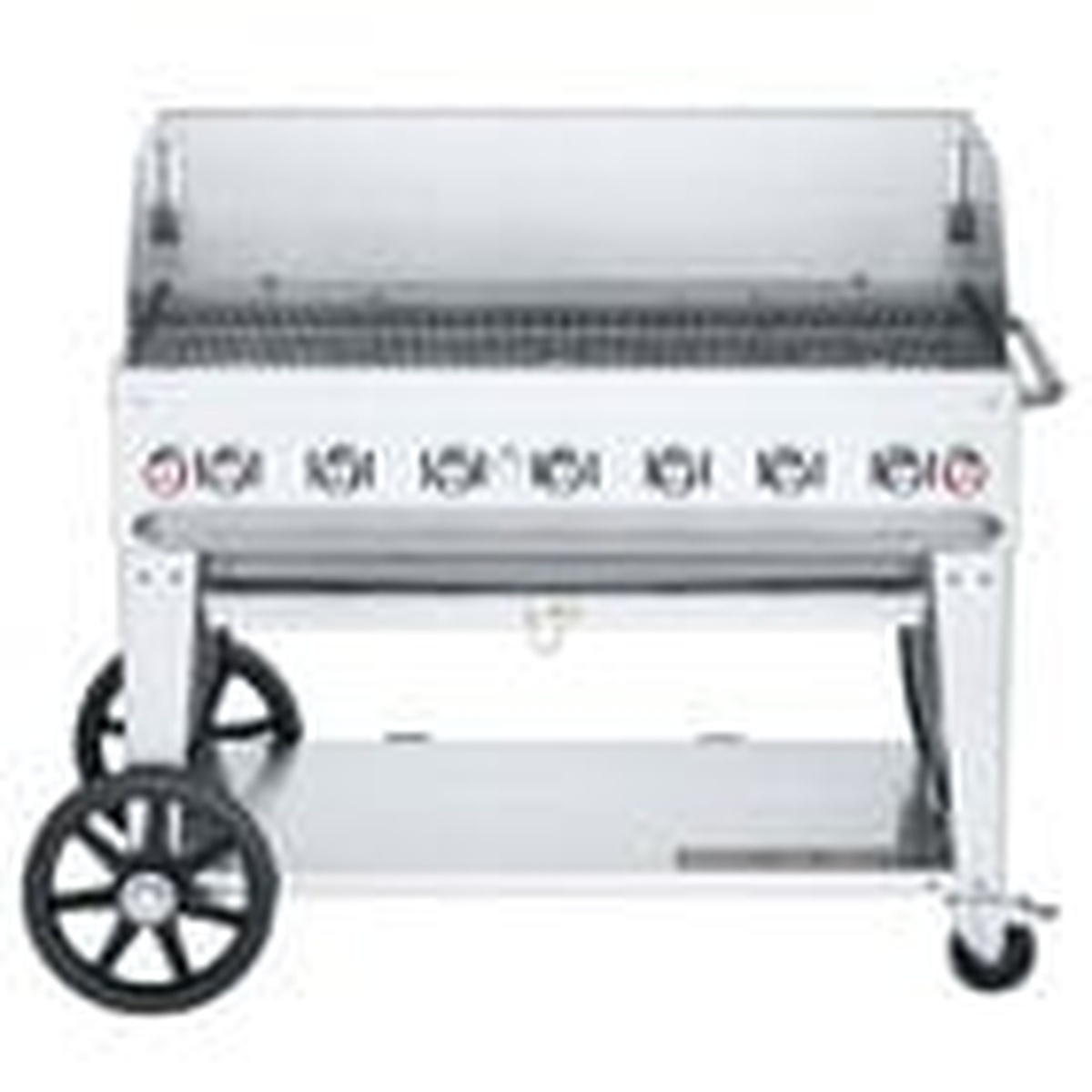 Crown Verity mobile outdoor charbroiler with roll dome open and stainless cooking grates