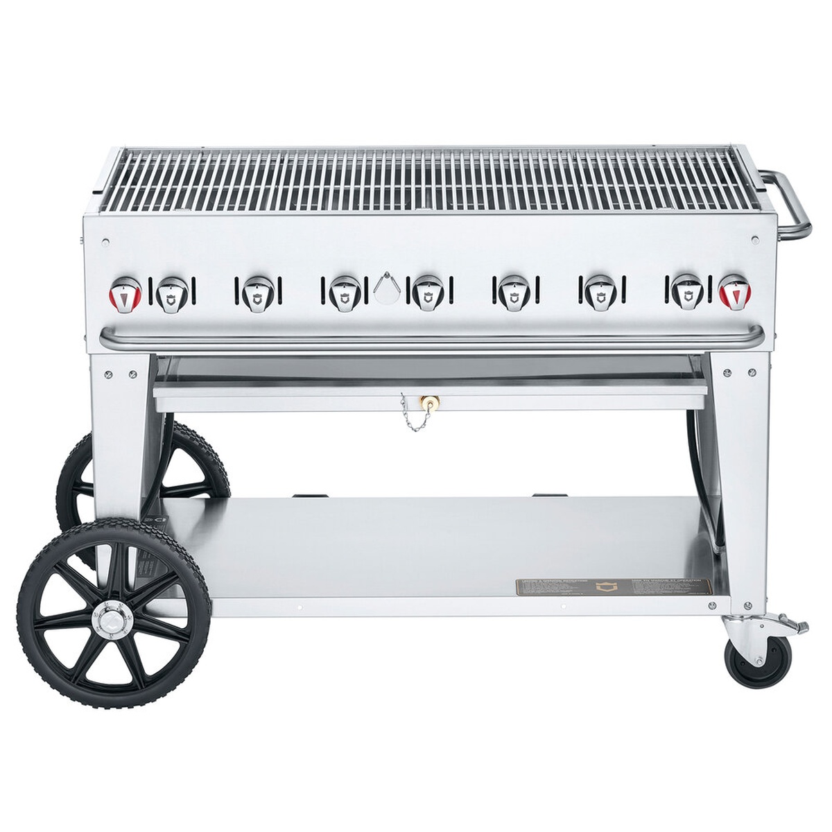 Crown Verity CV-MCB-48NG mobile natural gas grill with stainless steel grate and wheeled cart
