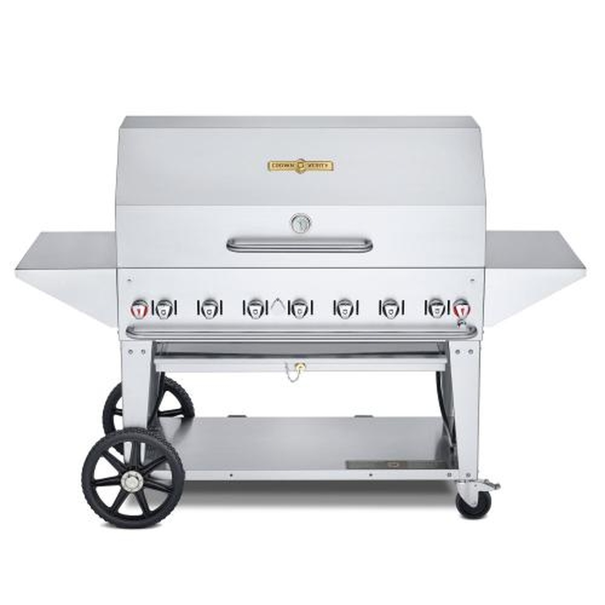Crown Verity 48-inch mobile stainless steel grill with roll dome hood and side shelves