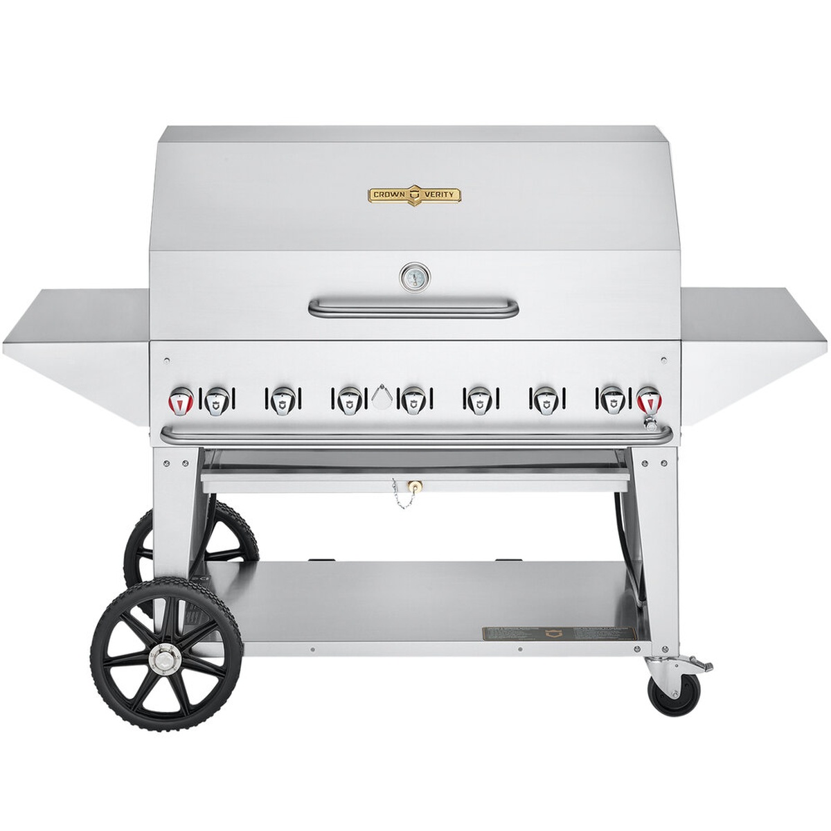 Crown Verity CV-MCB-48PRO-NG stainless steel mobile grill with roll dome and side shelves