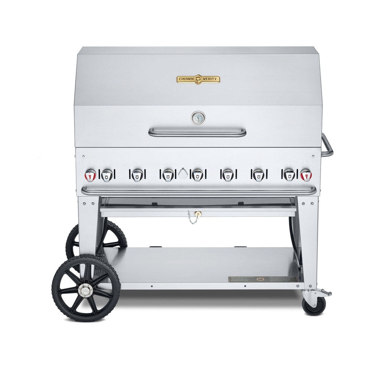 Crown Verity mobile stainless steel gas grill with roll dome cover