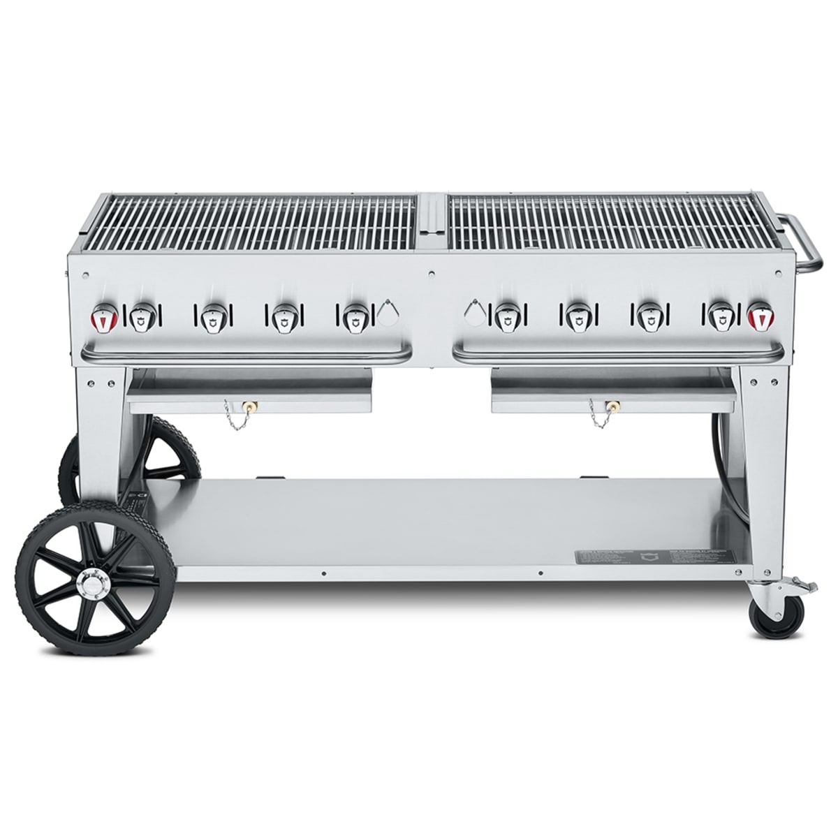 Crown Verity CV-MCB-60-SI-BULK mobile stainless steel outdoor grill with eight control knobs and undershelf