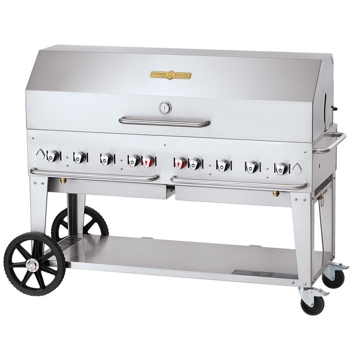 Crown Verity 60 inch mobile outdoor grill with roll dome lid, control knobs, wheels, and locking casters