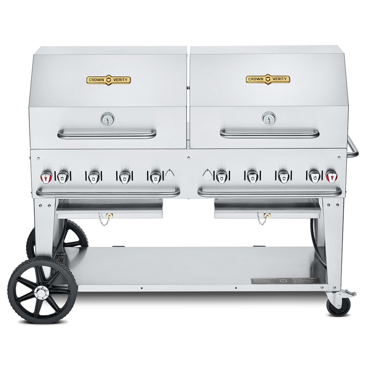 Crown Verity mobile outdoor grill with two roll dome lids
