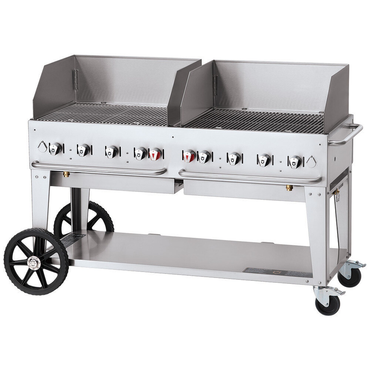 Crown Verity mobile outdoor grill with dual grilling zones and wind guards