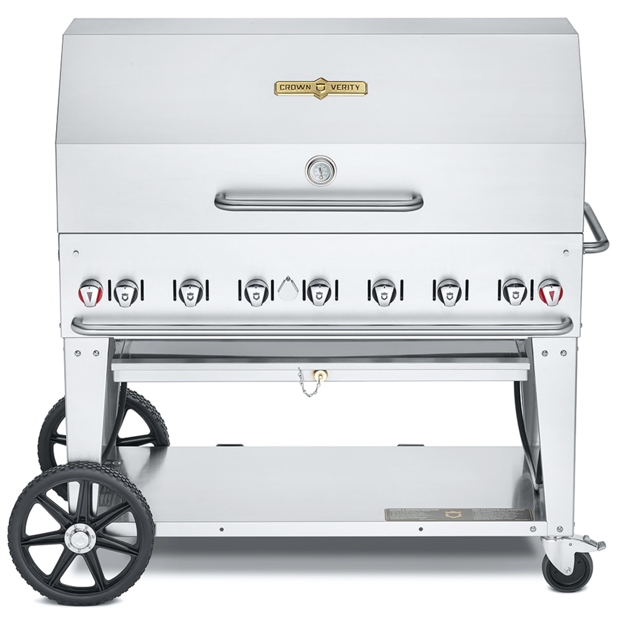 Crown Verity mobile outdoor grill with roll dome closed and front control knobs