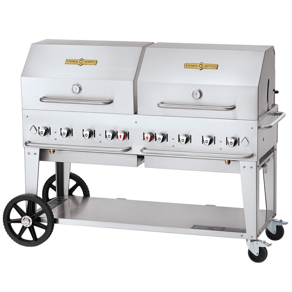 Crown Verity mobile outdoor grill with double roll domes and control knobs
