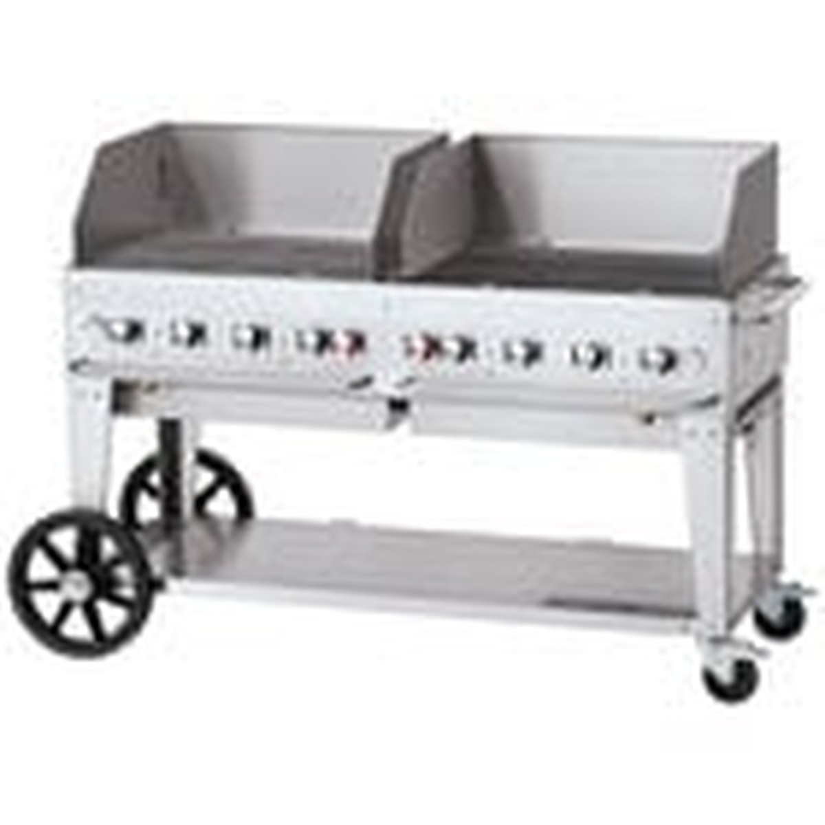 Side view of Crown Verity stainless steel mobile grill on wheels with domed lids