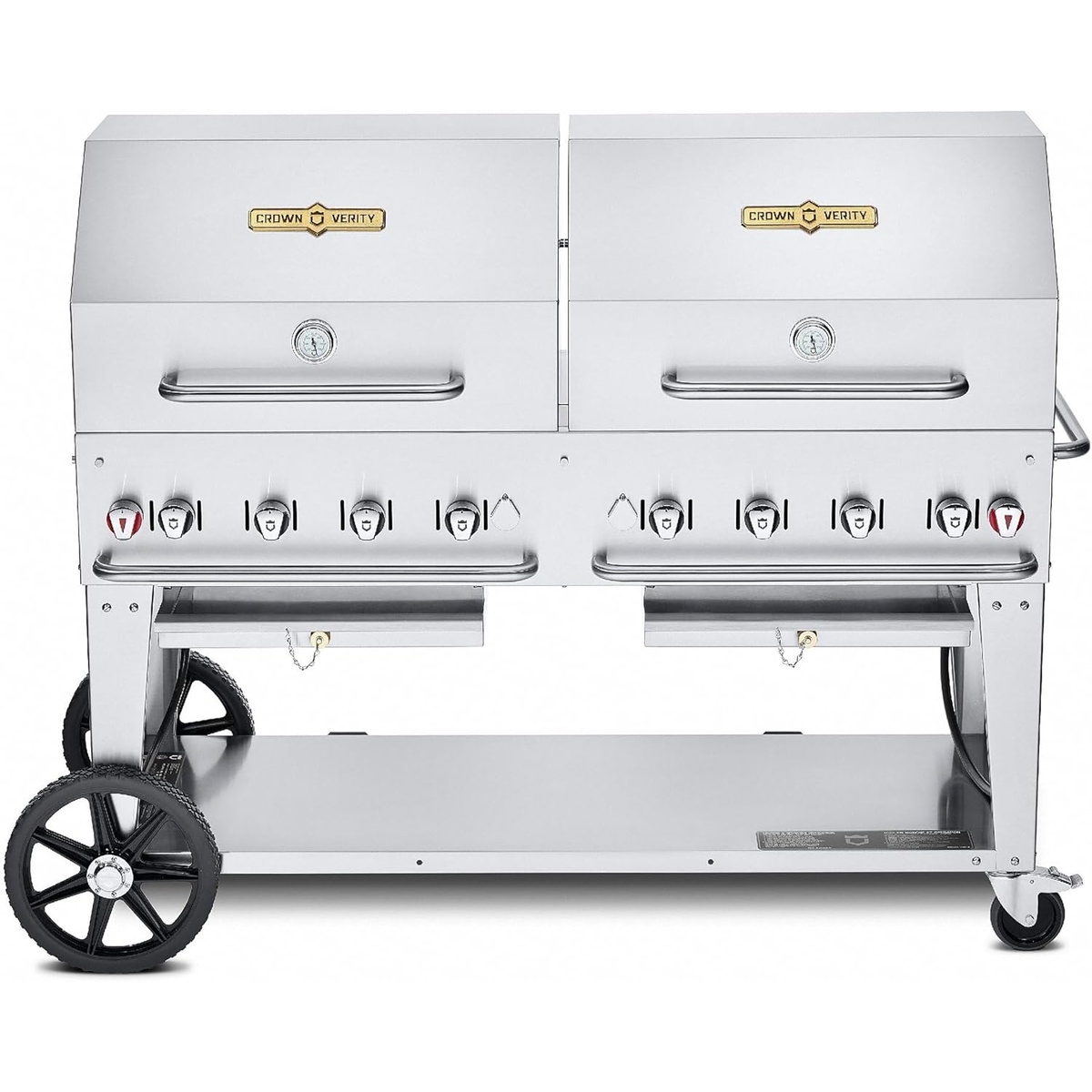 Crown Verity CV-MCB-60RDP-LP mobile outdoor charbroiler with dual roll domes and caster base