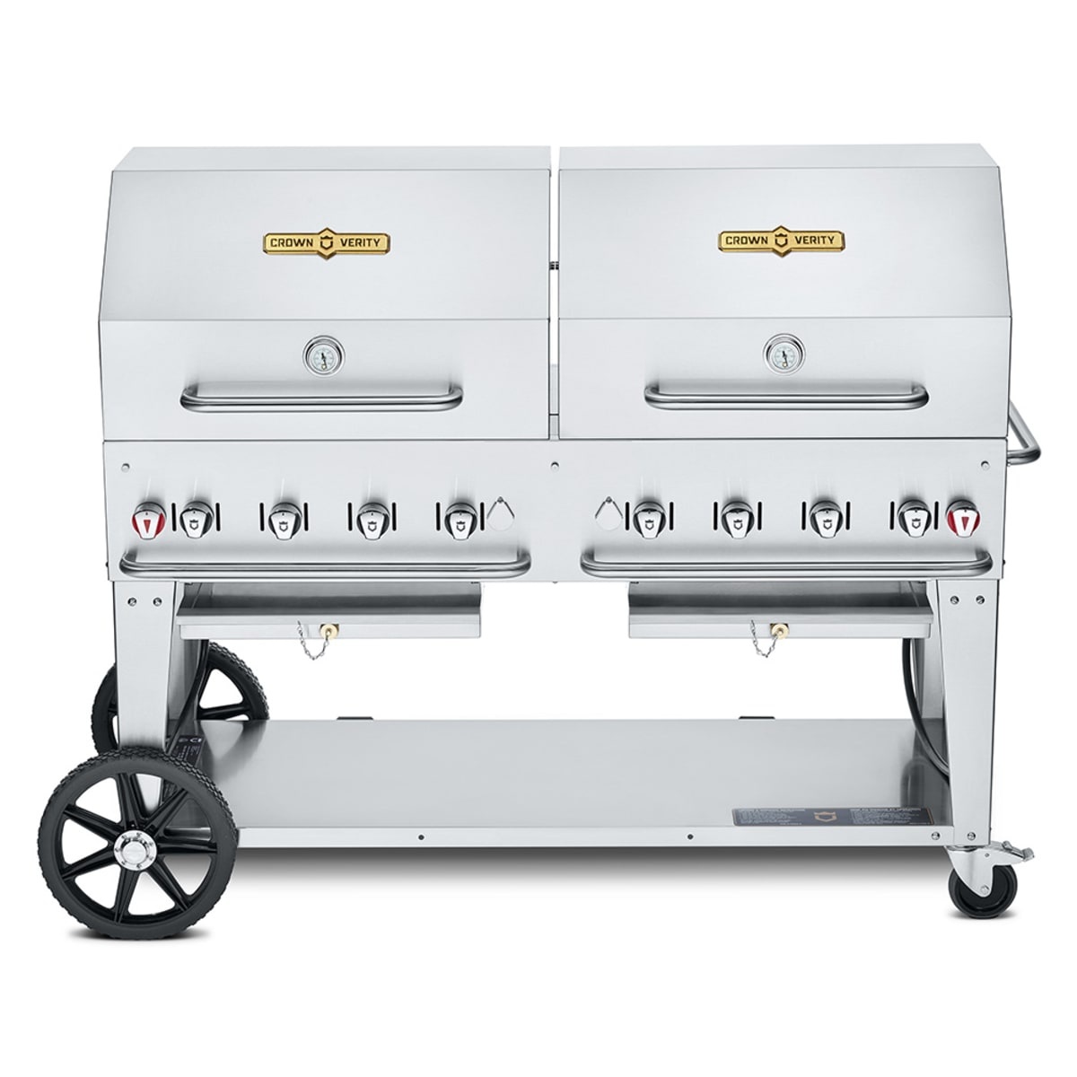 Crown Verity mobile natural gas grill with dual roll domes on cart