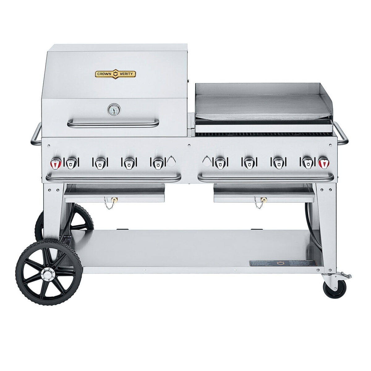 Crown Verity CV-MCB-60RGP-NG mobile natural gas grill with roll dome and griddle