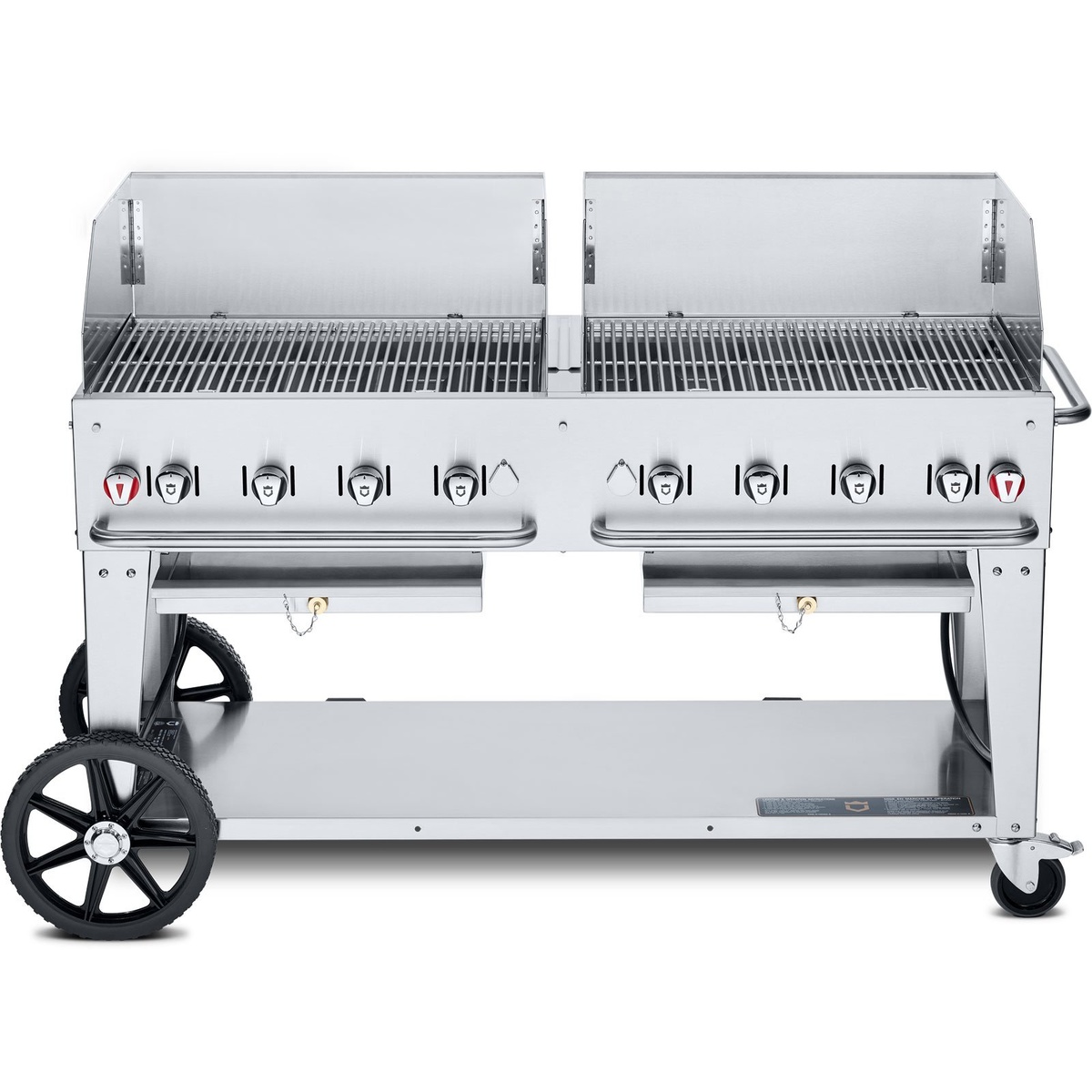 Crown Verity mobile gas grill with wind guards and undershelf