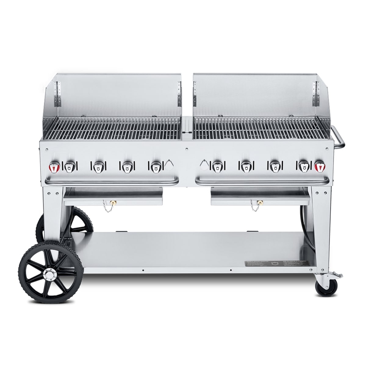 Crown Verity CV-MCB-60WGP-NG mobile outdoor charbroiler with dual windguards, wheels, and undershelf