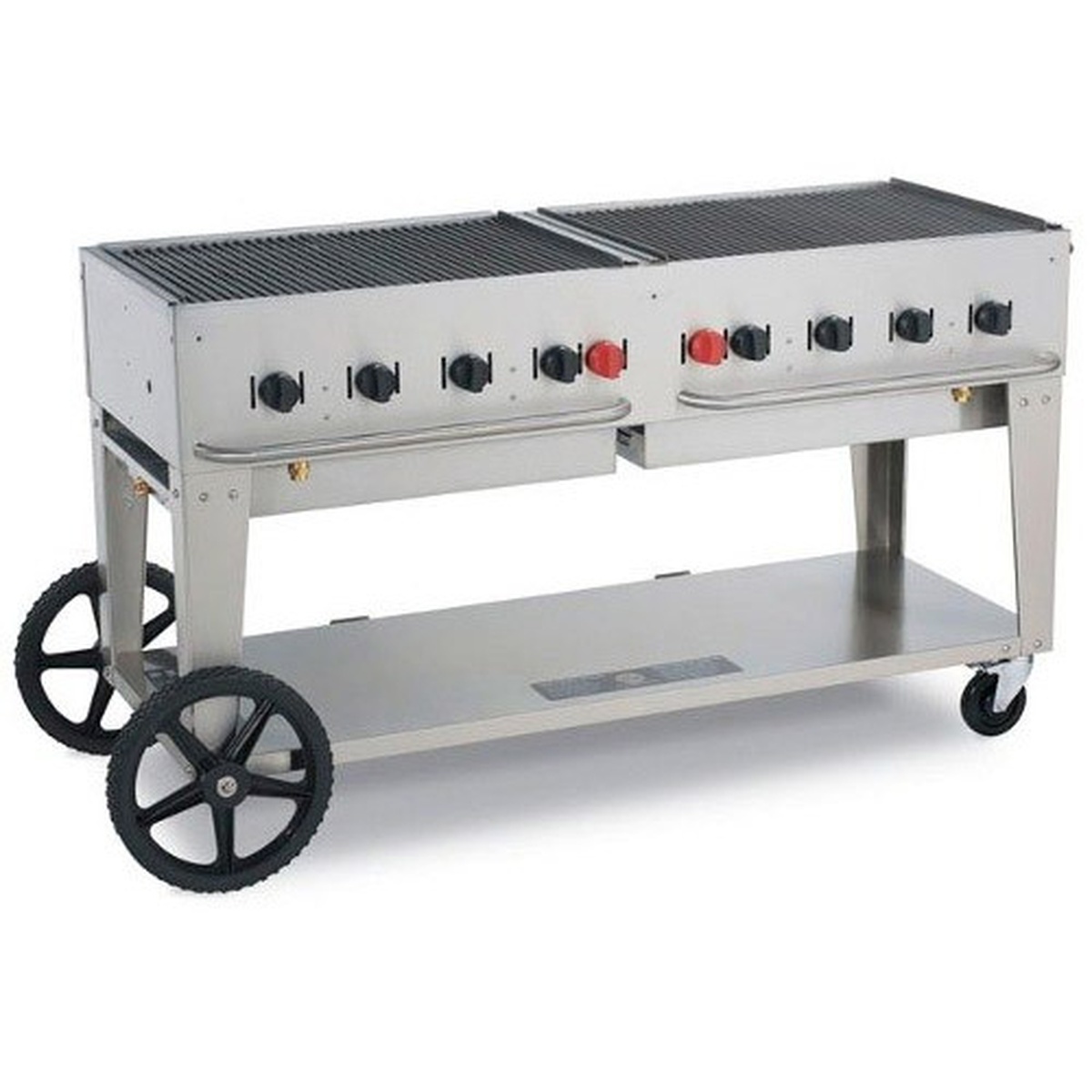 Crown Verity CV-MCB-72 mobile stainless steel charbroiler angled view showing wheels and shelf