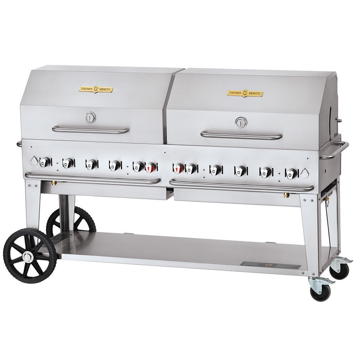 Crown Verity 72 inch mobile outdoor grill with double roll domes and control knobs