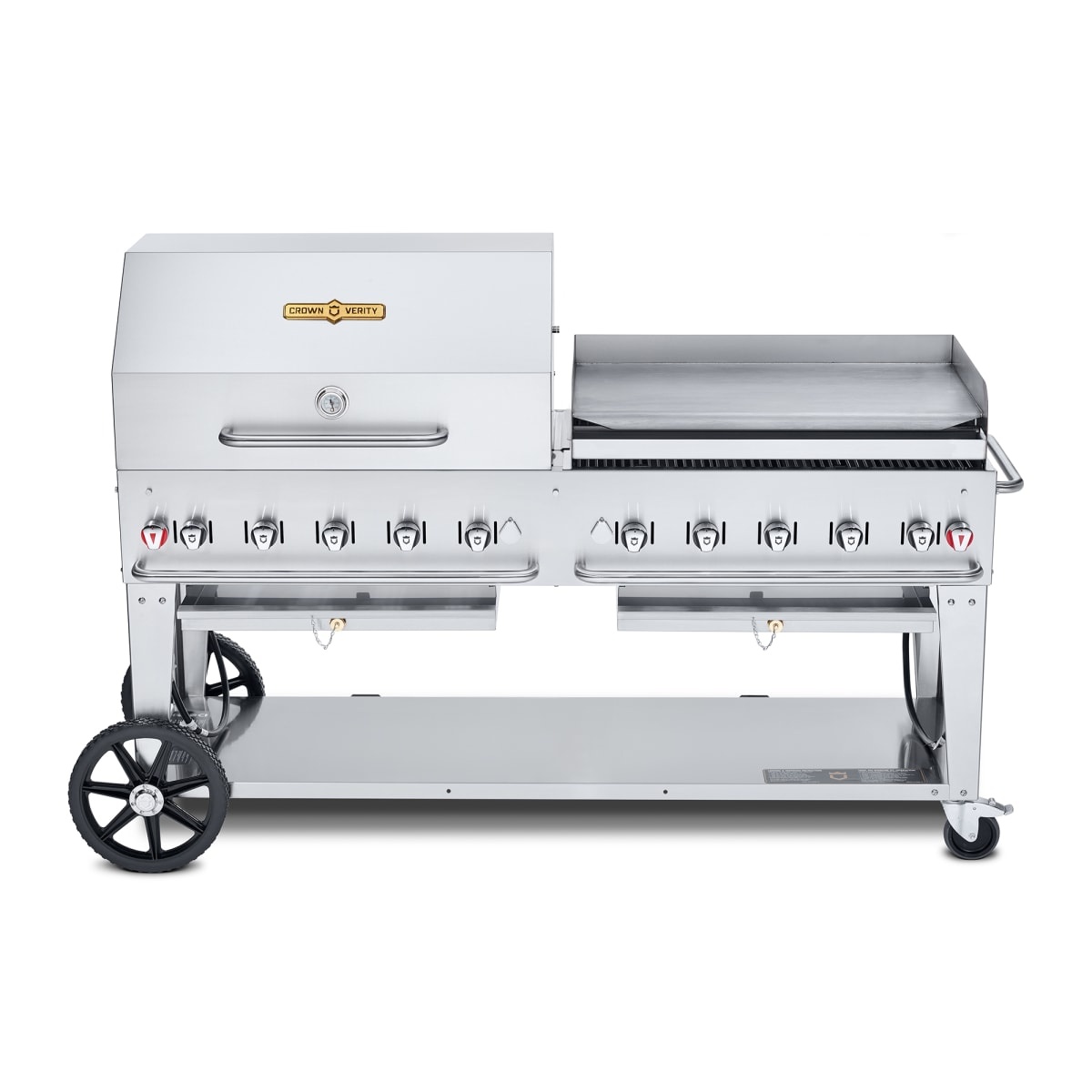 Crown Verity CV-MCB-72-SI-BULK-RGP mobile outdoor grill with roll dome and attached griddle