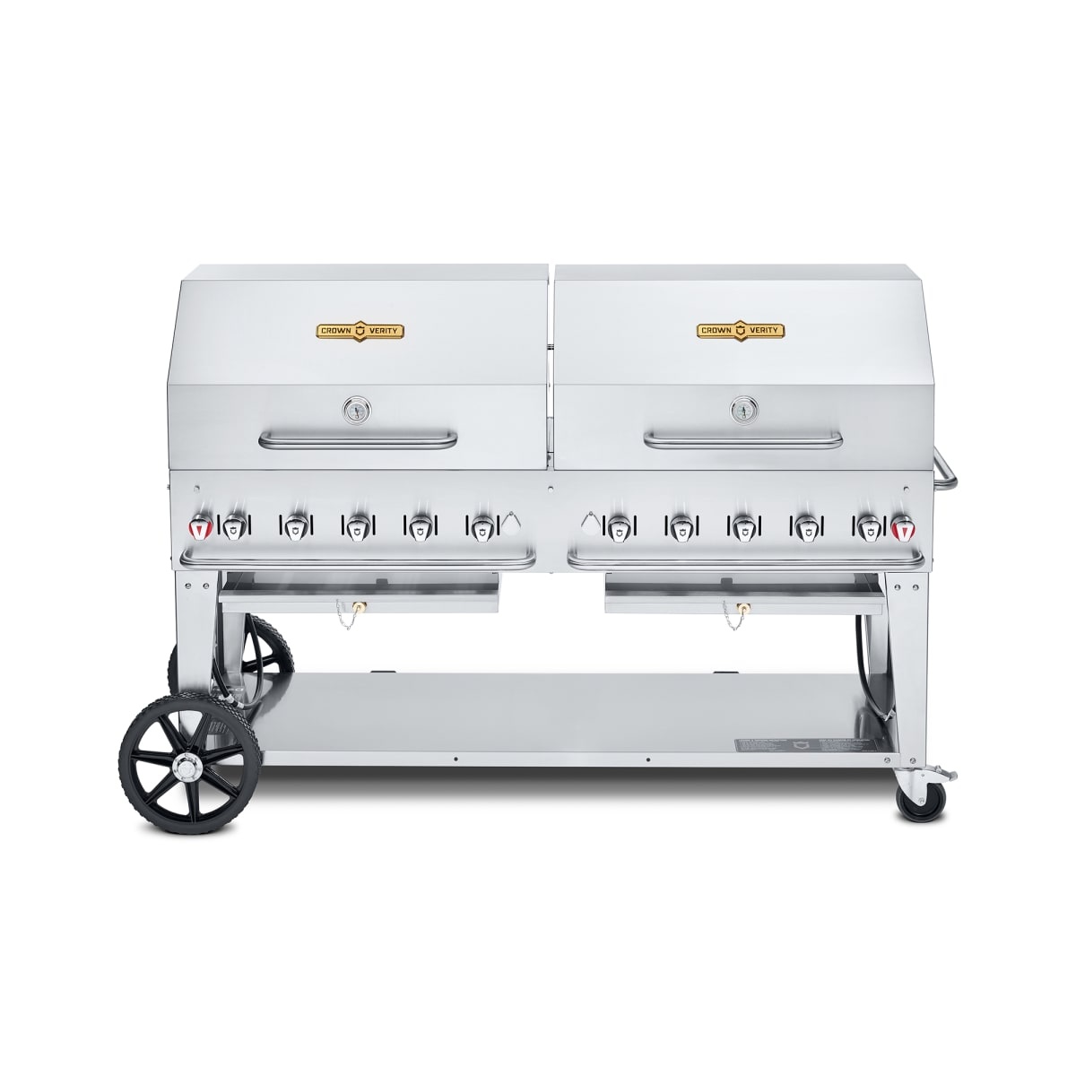 Crown Verity mobile outdoor gas charbroiler with two roll domes and casters