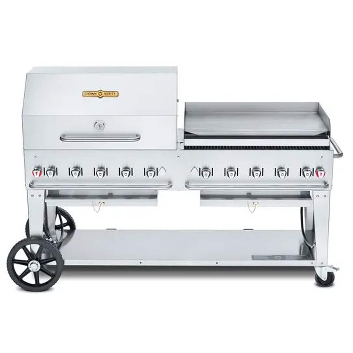 Crown Verity mobile outdoor grill with roll dome and integrated griddle