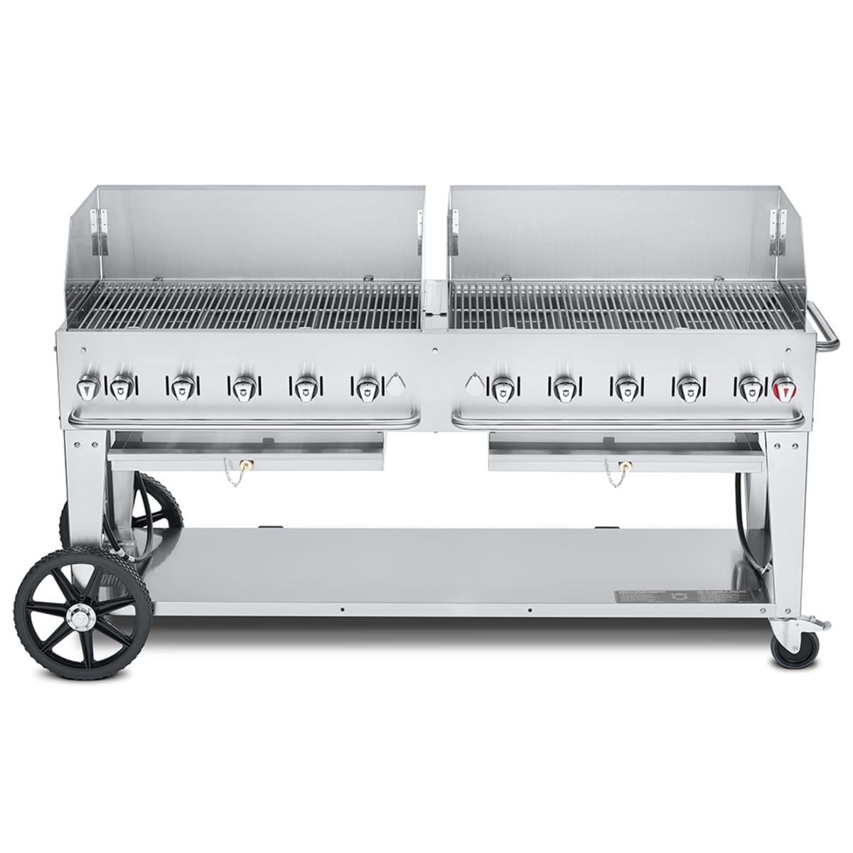Crown Verity stainless steel mobile outdoor grill with wind guards, undershelf, and wheel and caster base
