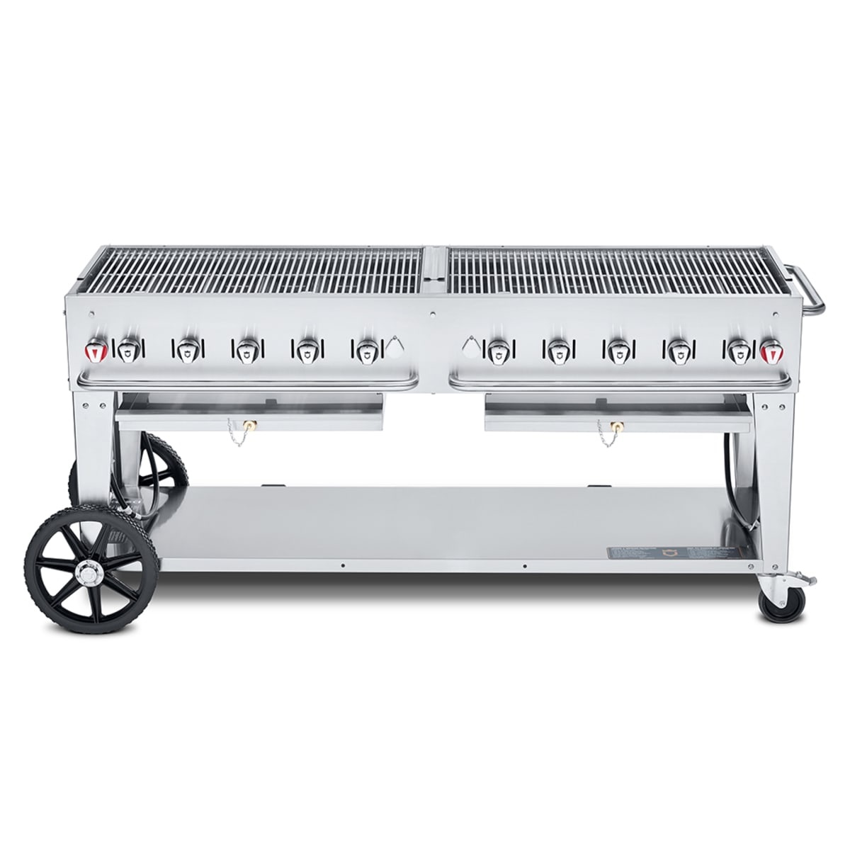Crown Verity CV-MCB-72NG mobile natural gas grill with stainless steel body and wheeled base