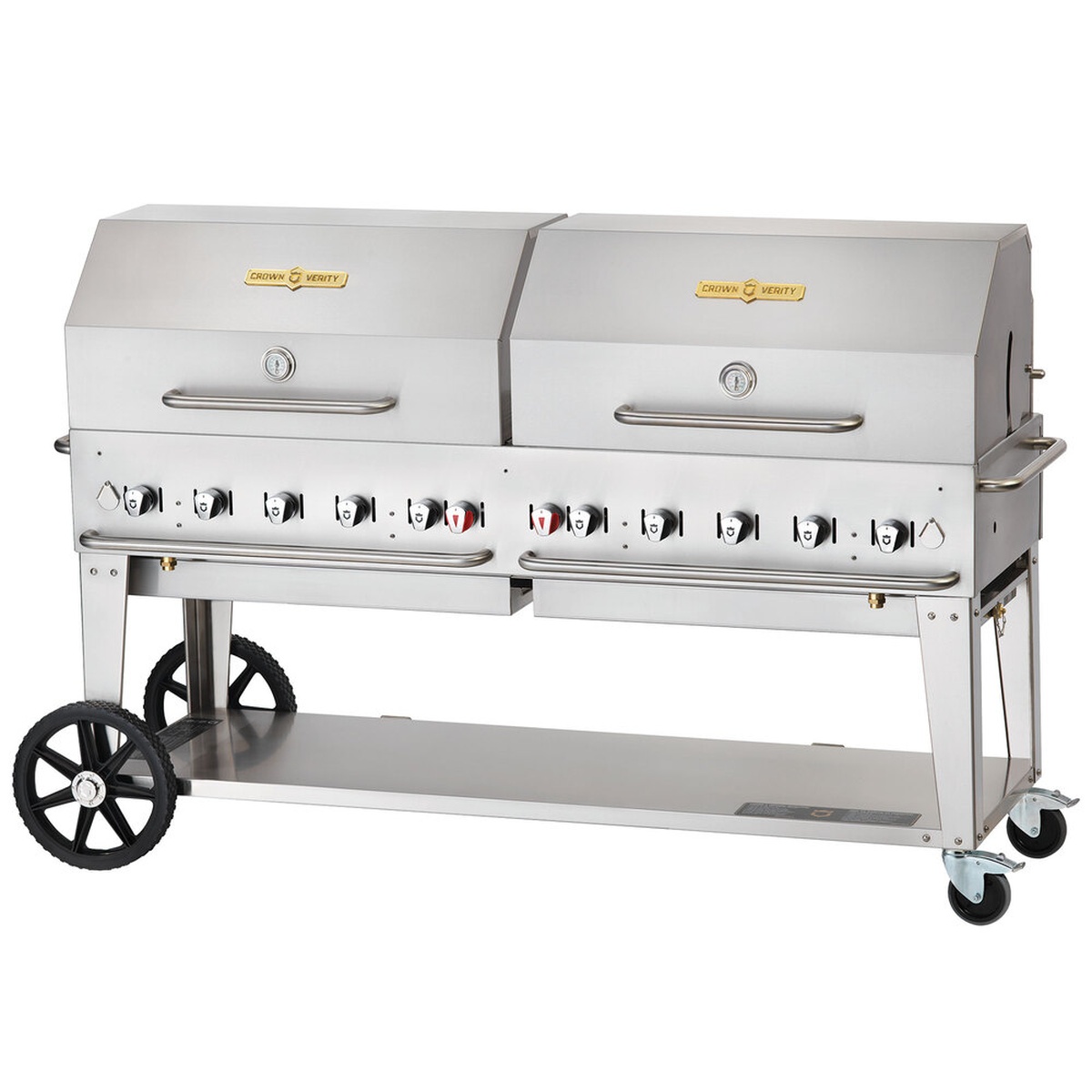Crown Verity MCB-72RDP-LP 72 inch mobile outdoor grill with dual roll domes and undershelf