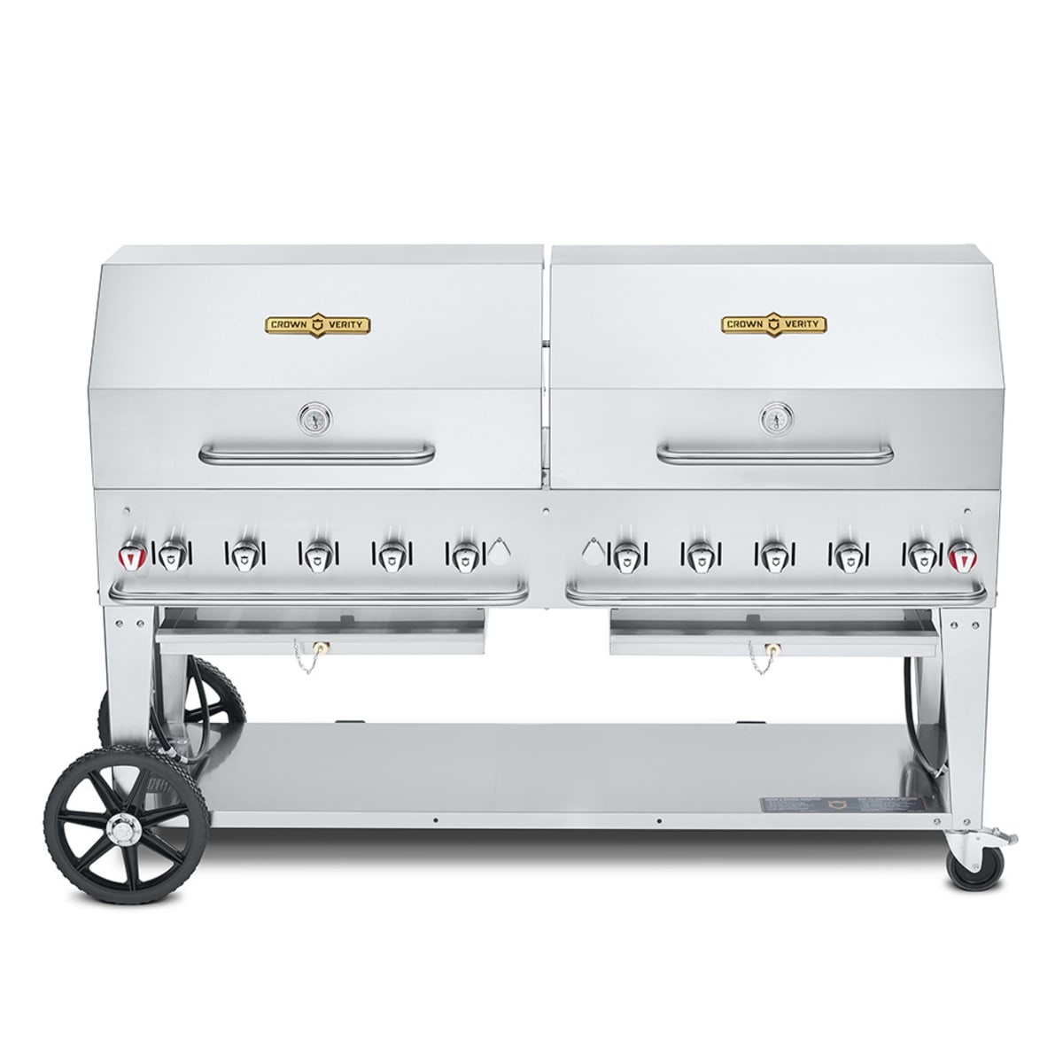 Crown Verity CV-MCB-72RDP-NG mobile outdoor natural gas grill with dual roll dome lids and wheeled cart
