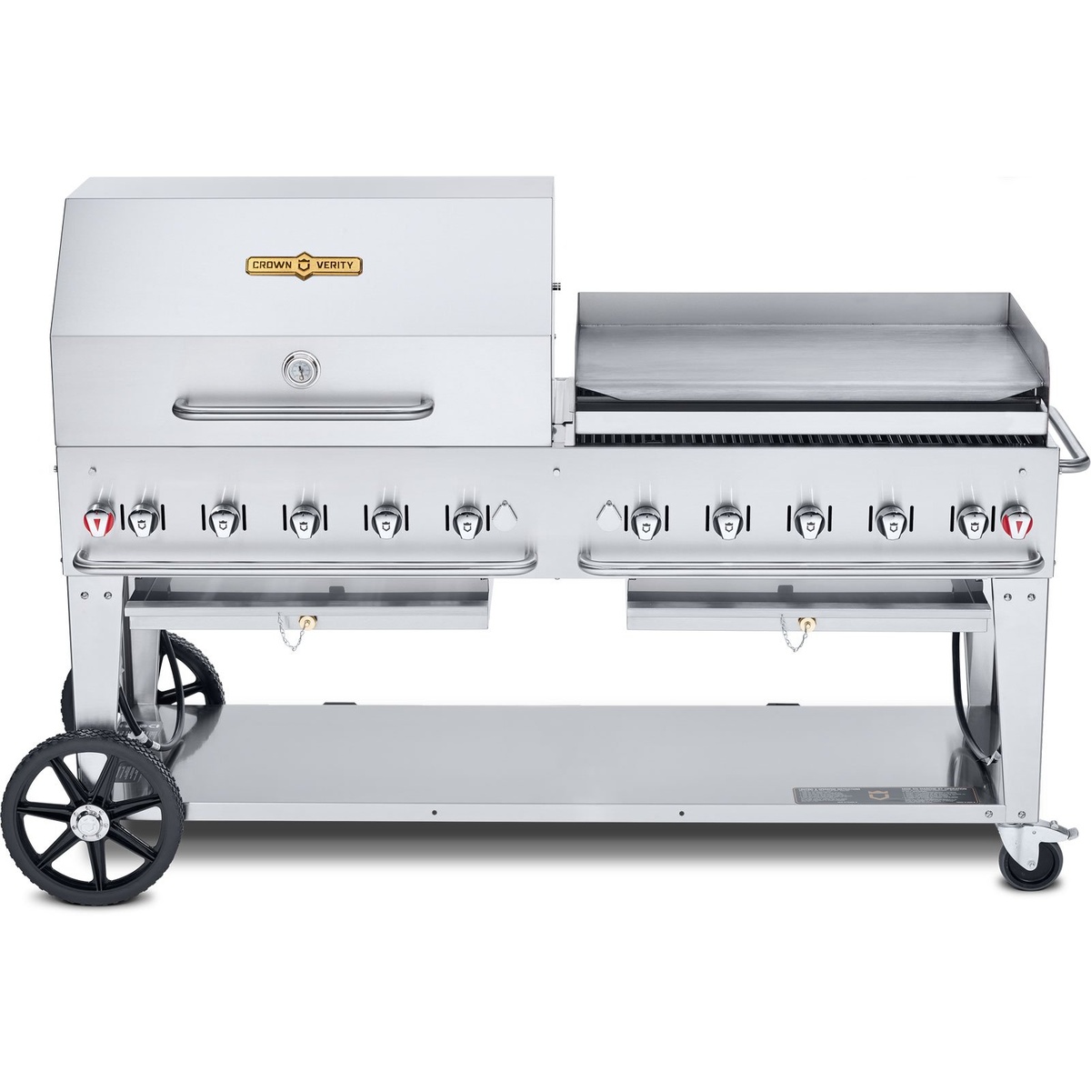 Crown Verity CV-MCB-72RGP mobile gas grill with roll dome and griddle