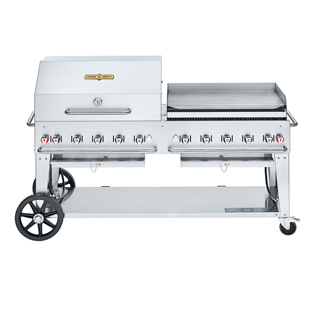 Crown Verity 72 inch mobile natural gas grill with roll dome and griddle