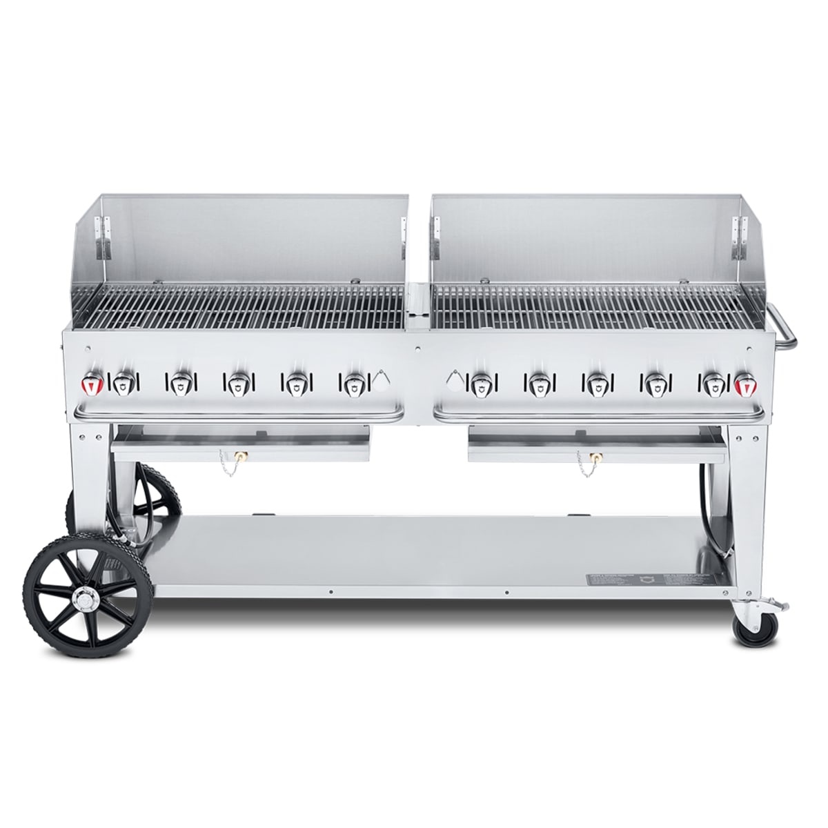 Crown Verity mobile outdoor gas charbroiler grill on wheeled cart with wind guards