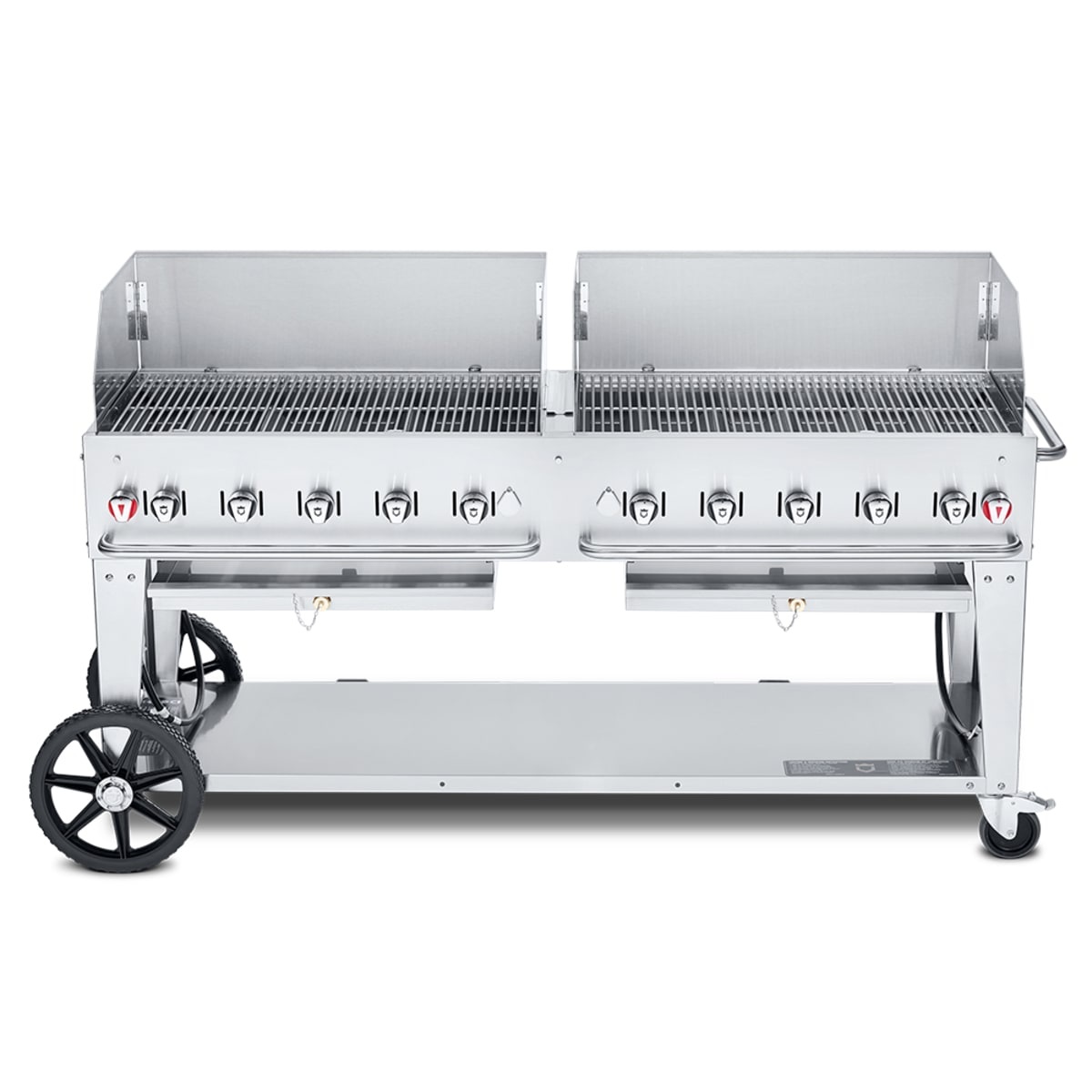 Crown Verity CV-MCB-72WGP-NG mobile natural gas charbroiler with wind guards, 10 control knobs, and storage shelf